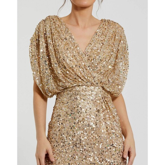 Mac Duggal Nude Draped Sleeve V-Neck Gown Slate Blue 5640 Size 20 NWT Sequins - Picture 2 of 4